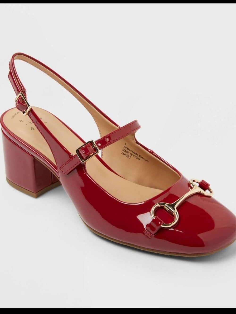 Red Patent Slingback Block Heel Pumps with Gold Bit